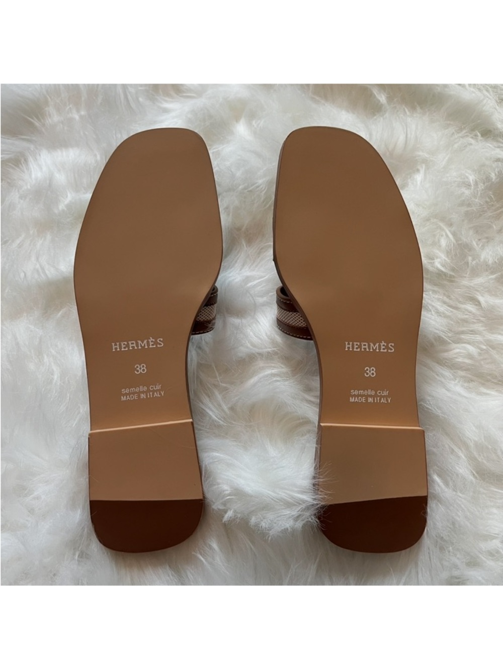 Hermes Brown Leather & Beige Canvas Oran Slide Sandals - Women's size 8 - Picture 3 of 5